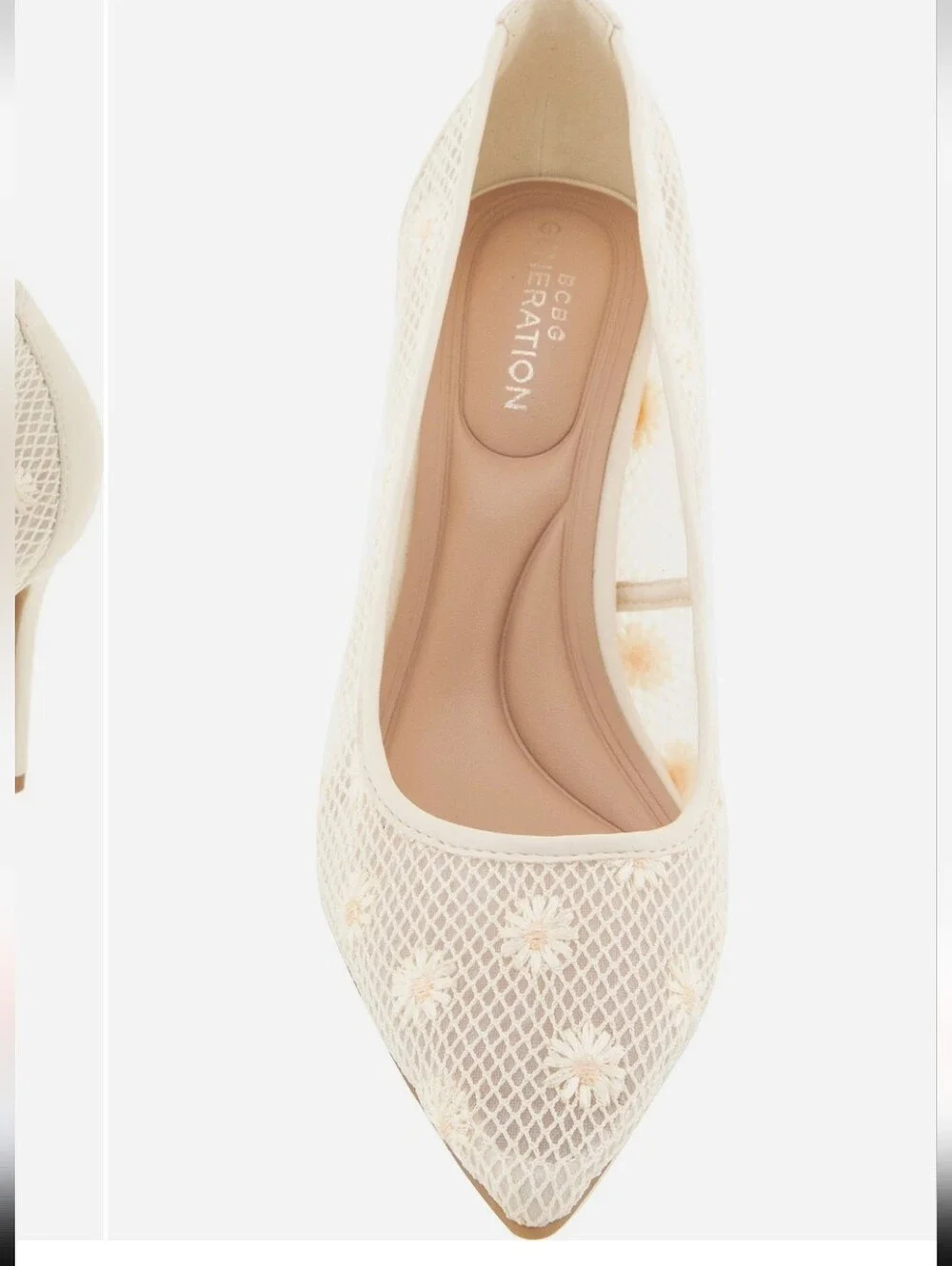 BCBGeneration Women's Pointed Mesh Daisy Pump in Ivory Heel 3 1/3 in